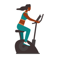 Girl on workout bike. Girl with sport equipment, fitness gym accessories flat vector illustration