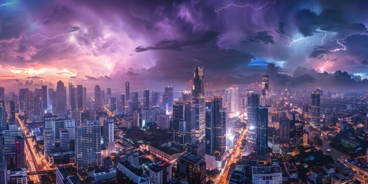 A panoramic view of a city skyline under siege by a lightning storm, with bolts casting a surreal purple glow over the buildings.