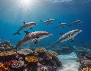 Graceful Dolphins Gliding Through a Vibrant Coral Reef Under the Clear Blue Sea