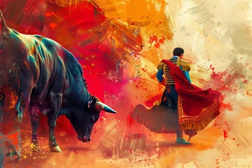 Poster majestic matador vibrant spanish bullfighting arena traditional cultural performance digital painting © Lucija