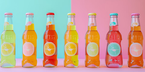 Assorted colorful soda bottles with citrus fruit labels, set against a two-tone pink and blue background.
