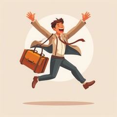 successful vector illustration of a cartoon man wearing a suit running and jumping happily
