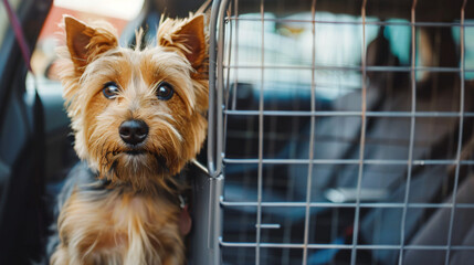 Cute dog in pet carrier travelling by car. Safe transp - obrazy, fototapety, plakaty