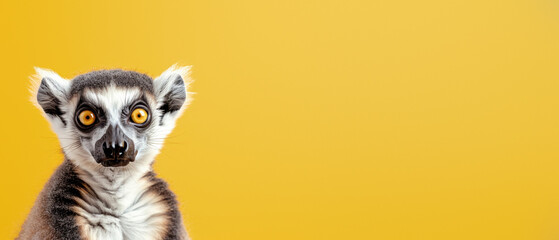 A captivating ring-tailed lemur is the focal point set against a bright yellow background, creating...