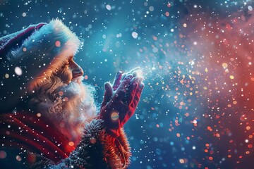 majestic santa claus blowing shimmering magic snow from his hands digital art