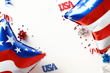 Flat lay American balloons with confetti on white background. 4th of July Independence Day of the USA, Labor Day, Presidents Day celebration concept.