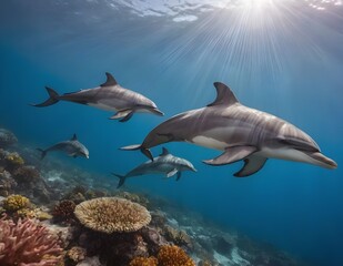 Fototapeta na wymiar Graceful Dolphins Gliding Through a Vibrant Coral Reef Under the Clear Blue Sea