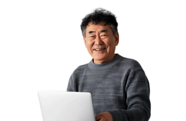Smiling East Asian Man with Laptop