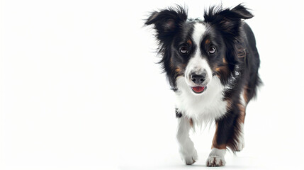 Cute dog walking on white background. Adorable pet