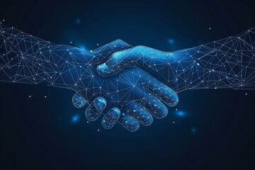 Digital handshake on blue technology background, business background, business success background, business contract, contract success banner, business background, ai