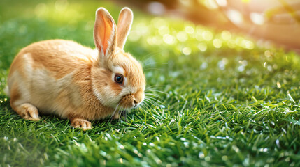 Cute fluffy pet rabbit on green grass outdoors
