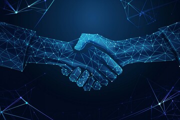 Digital handshake on blue technology background, business background, business success background, business contract, contract success banner, business background, ai