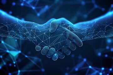 Digital handshake on blue technology background, business background, business success background, business contract, contract success banner, business background, ai