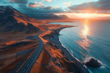 scenic road in Iceland, beautiful nature landscape aerial panorama, mountains and coast at sunset - obrazy, fototapety, plakaty