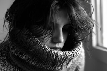 melancholy monday blues sad woman in turtleneck sweater battling winter depression digital photo - obrazy, fototapety, plakaty
