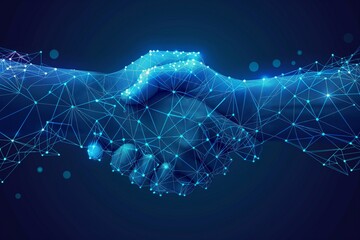 Digital handshake on blue technology background, business background, business success background, business contract, contract success banner, business background, ai