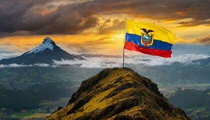The Flag of Ecuador On The Mountain. - obrazy, fototapety, plakaty