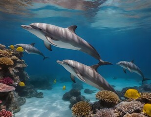 Fototapeta premium Graceful Dolphins Gliding Through a Vibrant Coral Reef Under the Clear Blue Sea