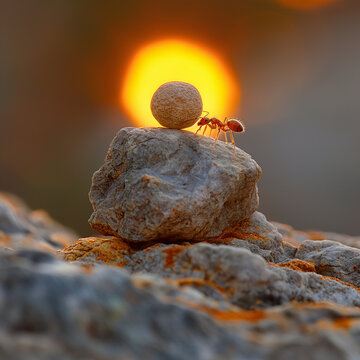 ant in close-up working pulling large objects at sunset