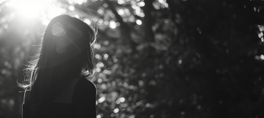 A profile of a girl is elegantly silhouetted against a bright sun, creating a stark black and white...
