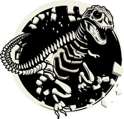 Dinosaurier Skelett Tyrannosaurus Rex Dino Fossil im Comic Stil gezeichnet schwarz weiß mit rundem Hintergrund