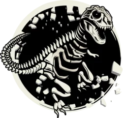 Küchenrückwand glas motiv Dinosaurier Skelett Tyrannosaurus Rex Dino Fossil im Comic Stil gezeichnet schwarz weiß mit rundem Hintergrund © namosh