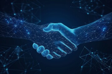 Digital handshake on blue technology background, business background, business success background, business contract, contract success banner, business background, ai