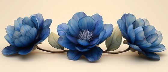 a three blue flowers that are on a branch