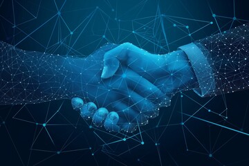 Digital handshake on blue technology background, business background, business success background, business contract, contract success banner, business background, ai