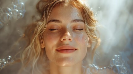 A photo of a blond woman with a contented expression, enjoying the sensation of hot water in a steamfilled shower