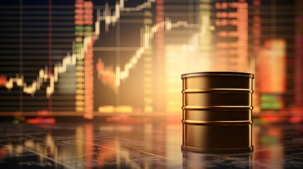 Barrels of oil with charts and graphs of stock market as a concept of raw material. Financial world crisis concept. Up of oil price, market grow up.