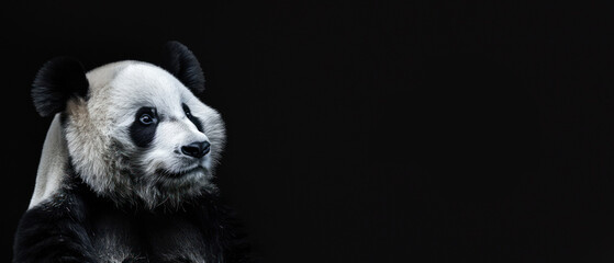 A highly detailed photo of a Giant Panda with an attentive and inquisitive look against a dark...