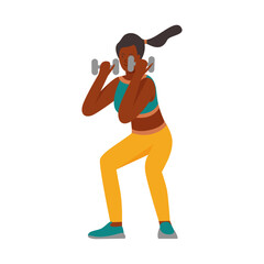 Girl with sport dumbbells. Girl with sport equipment, fitness gym accessories flat vector illustration