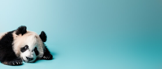 An adorable Giant Panda lies down, showcasing its fluffy fur against a serene blue gradient background