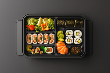 Japanese bento box with sushi, fresh vegetables, and fruit.