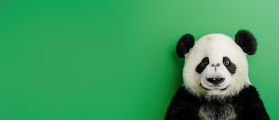 A captivating portrait of a panda with a vivid green background, showcasing the animal's gentle...