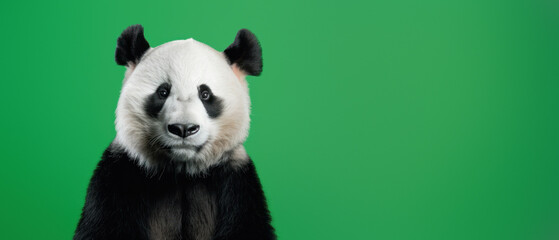 Close-up shot of a panda against a striking emerald backdrop, highlighting detailed features and...