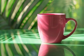 Obraz premium Pink mug with morning drink on green background with palm leaf. Generative AI