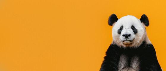 A curious panda bear with human-like facial expression set against a vibrant orange background...