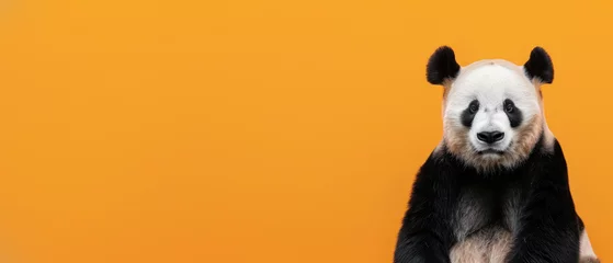Foto auf Acrylglas An endearing panda bear with a human-like contemplative gaze against a vibrant orange background © Fxquadro