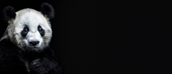 Engaging image of a giant panda gazing forward, emphasizing its unique facial features against a black backdrop