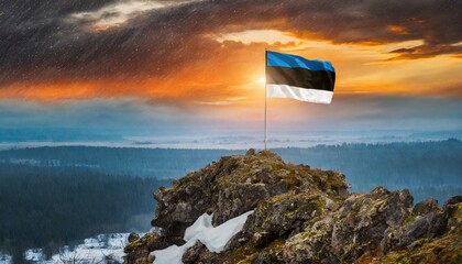The Flag of Estonia On The Mountain. - obrazy, fototapety, plakaty