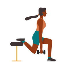 Girl doing squats with dumbbells. Girl with sport equipment, fitness gym accessories flat vector illustration