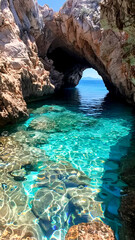 Captivating Sea Cave with Crystal Clear Waters. Coastal Exploration, Natural Beauty, Oceanic Serenity.