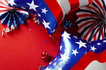 Happy 4th of July independence day USA banner design with balloons and paper fans decoration on red background