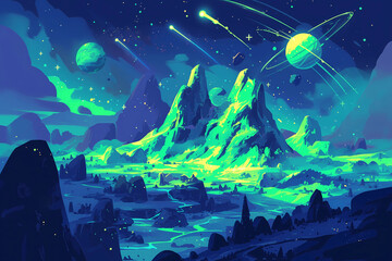 Galaxy wallpaper with futuristic space landscape. Cosmic scene with planets and stars on the sky. Fantasy design of intergalactic rocks.