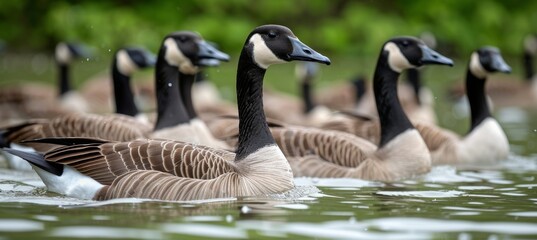 Obraz premium Joyful geese enjoying in a tranquil crystal clear pond, a delightful scene of nature s beauty