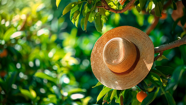 Charming Straw Hat Adorned on Lush Tree Branch. Natural Beauty, Summer Style, Outdoor Adventure.