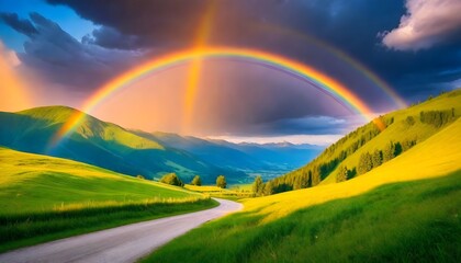 Amazing-scene-in-summer-mountains--Lush-green-grassy-meadows-in-fantastic-evening-sunlight--Rural-road-and-beautyful-rainbow-in-dramatic-sky--Landscape-photography