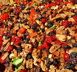 A mixture of colorful dried walnuts, cashews, hazelnuts and fruits, cherries, grapes, figs and kiwi